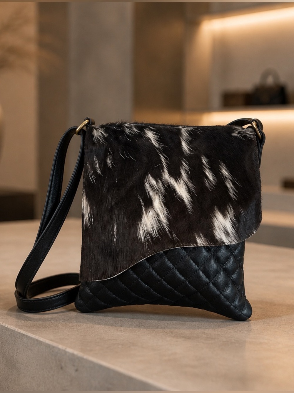 Genuine Cowhide Leather Crossbody Bag Western Quilted Flap Black New